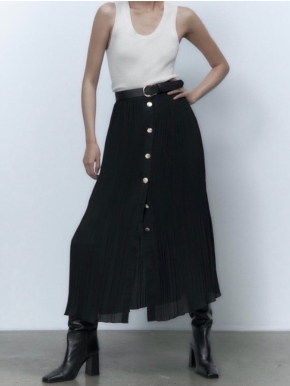 Zara Black Pleated Button-Front Maxi Skirt